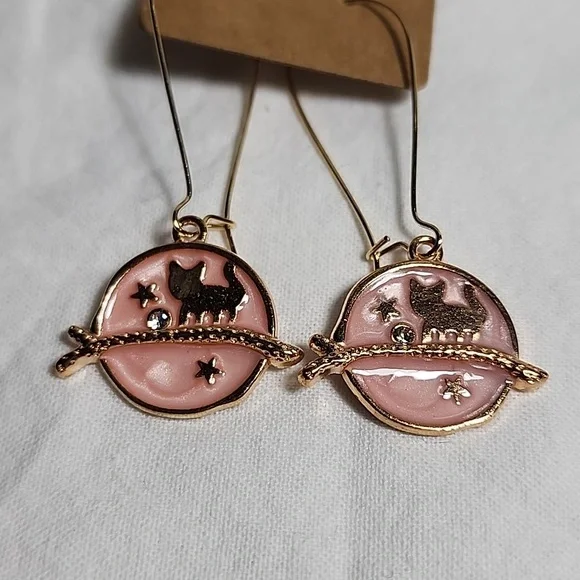 Pink and Gold Monn Cat Stars‎ Earrings