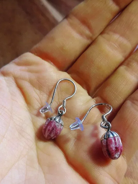 Carved Norwegian Thulite Sterling Silver Drop Earrings