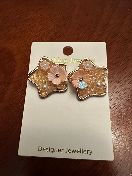 Fashion Jewelry Gold-Trim Pink Floral Star Earrings