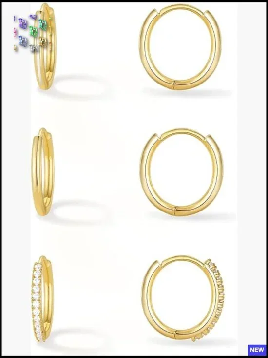 Huggie Hoop Earrings Set 3 Pairs Gold Plated Cubic Zirconia Dainty Lightweight