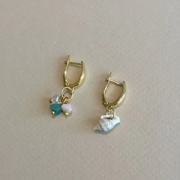 Anthropologie Gold Huggie Earrings with Shell, Turquoise and White Charms
