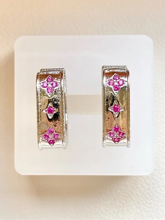 Silver Hoop Earrings with Pink Gem Accents