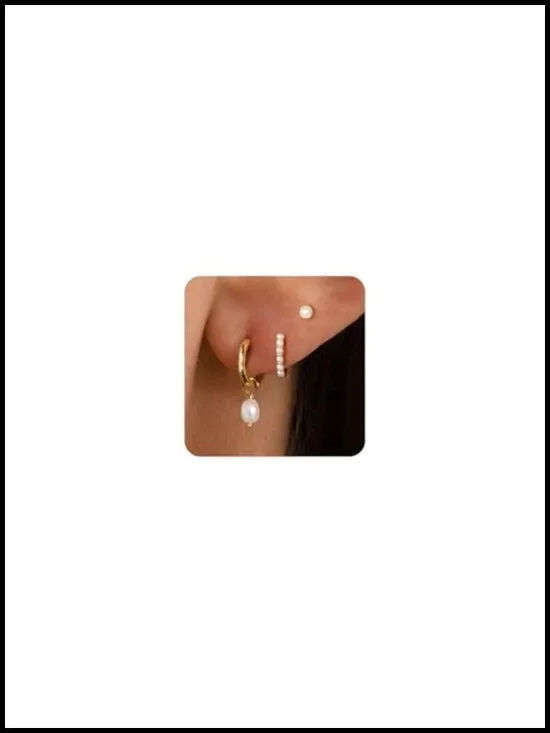 14K Gold Plated 3 Pair Earring Set Hoop Studs Mix & Match Trendy Jewelry