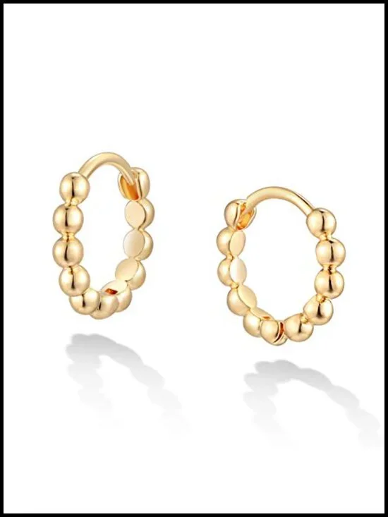14K Gold Plated Beaded Huggie Hoop Earrings Dainty Hypoallergenic Jewelry for