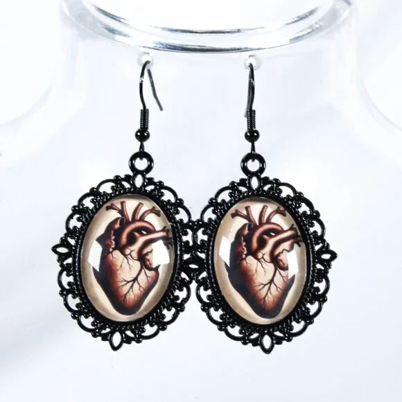 The Crimson Pulse Gothic Victorian Anatomical Heart Earrings Black Metal Cameo
