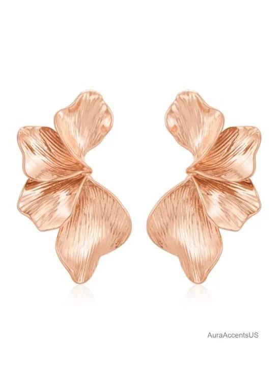 Chunky Gold Plated Statement Earrings Boho Floral Leaf Studs - 51mm