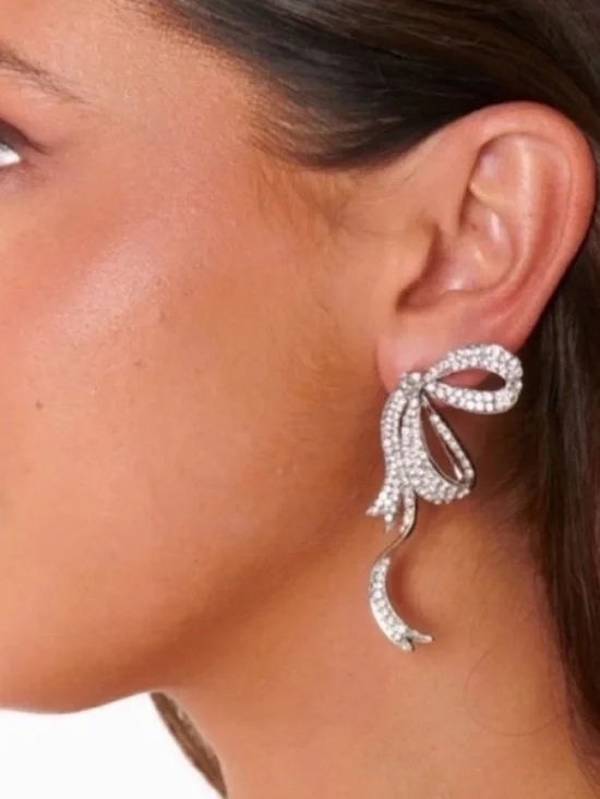 New! Silver Bow Rhinestone Earrings (1039) NWOT