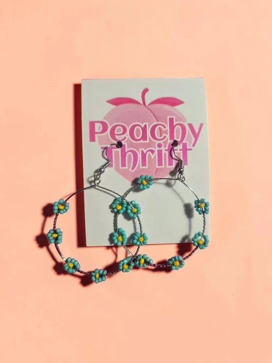 Turquoise Daisy Chain Beaded Wire Hoops