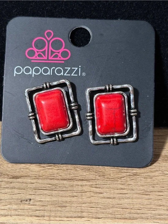 Paparazzi Red Stone Antiqued Silver Square Frame Studs