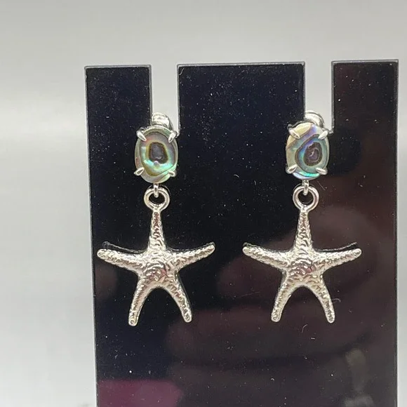 Silver Tone Starfish Dangle Earrings Abalone Shell Nautical Coastal Beach