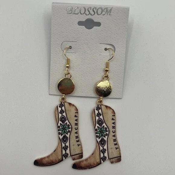 Blossom Tehachapi Cowboy Boot Drop Earrings Gold Tone Western Boho Dangle NEW