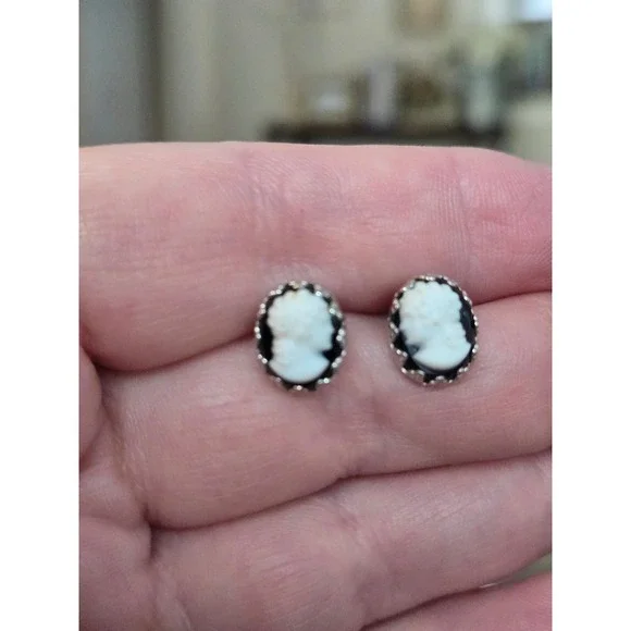 Victorian Inspired Black White Cameo Earrings Pierced Vintage