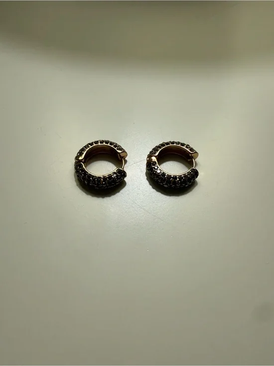 Gold-Tone Black Diamond Studded Huggie Hoop Earrings