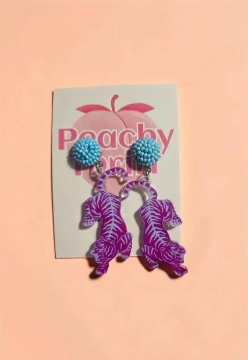 Purple Prowling Tiger Acrylic Drops with Sky Blue Beaded Studs