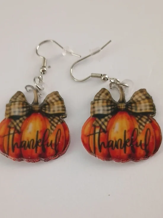 Autumn 'Thankful' Pumpkin Drop Earrings in Orange with Plaid Bow