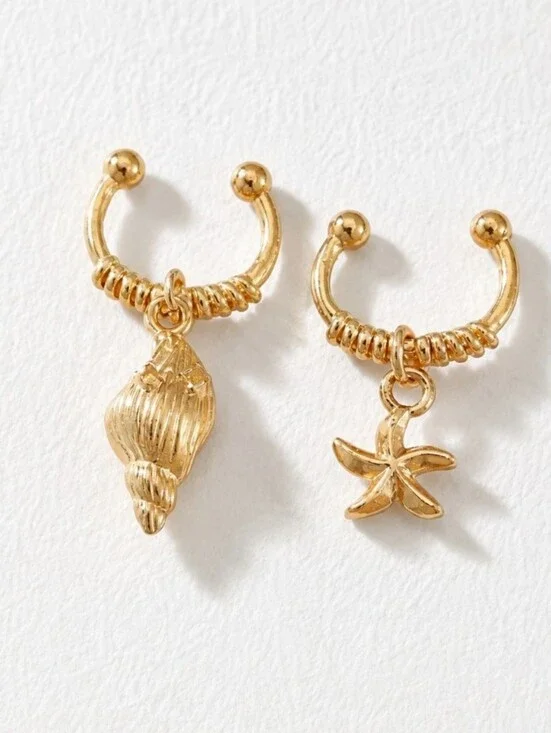 Gold Sea Shell & Starfish Charm Cuff Hoop Earrings