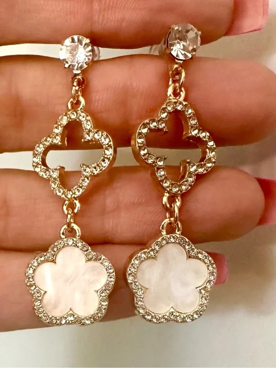 Gold-Tone Mother-of-Pearl Drop Earrings with Crystal Accents
