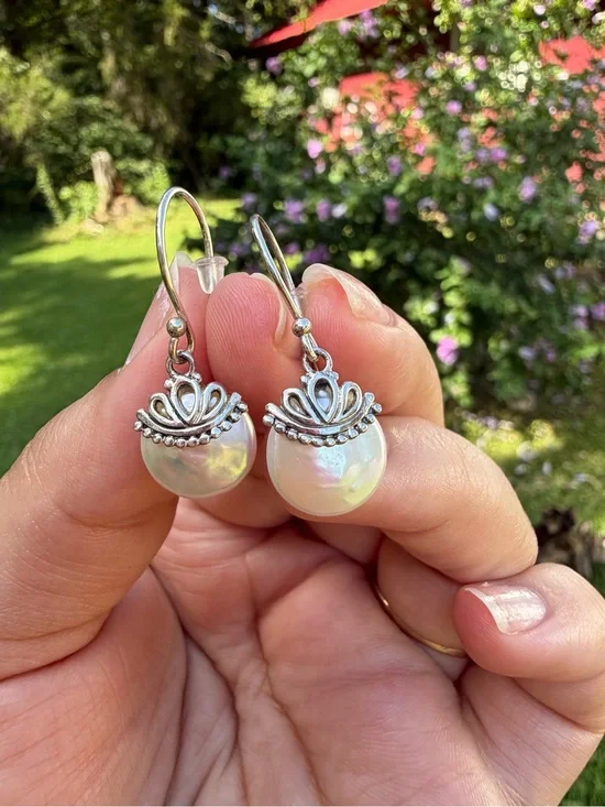 925 Sterling Silver White Pearl Drop Earrings with Silver Crown Accents