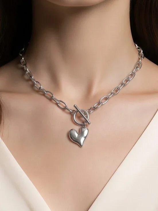 Stainless Steel Heart Choker Necklace – Hammered Love Pendant Paperclip Chain