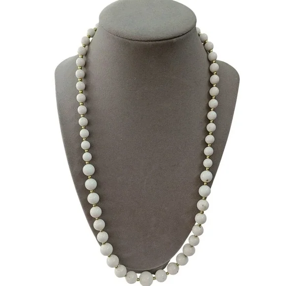 Beaded Necklace‎ White Gold Tone Spacer Beads Spring Ring Clasp Classic Strand