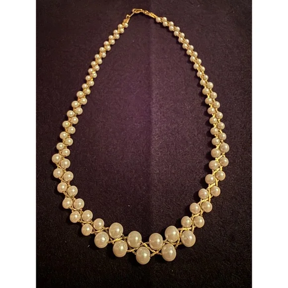Vintage Faux‎ Pearl Graduated Collar Necklace Gold Tone Braided Chain Bridal Bib