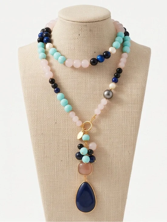 Multicolor Beaded Necklace with Navy Teardrop Pendant