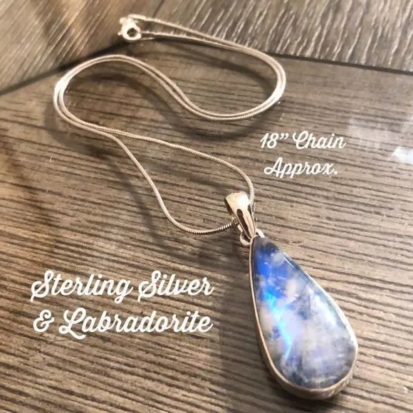Vintage Blue Labradorite Tear Drop Pendant with Chain