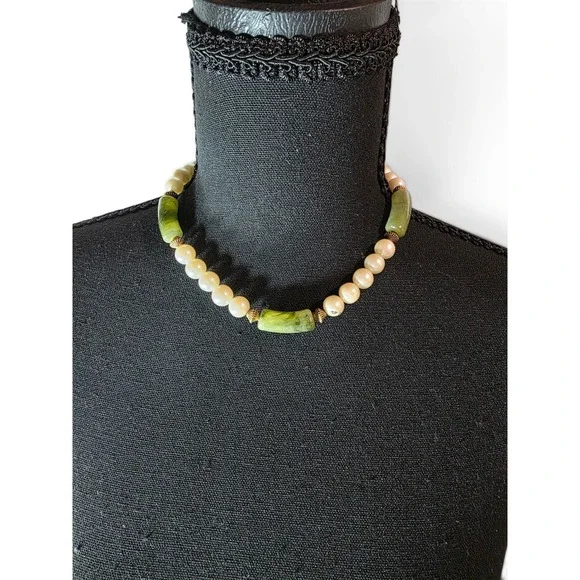 Vintage Faux Pearl and Faux Jade Statement Cocktail Necklace Boho Chic Green