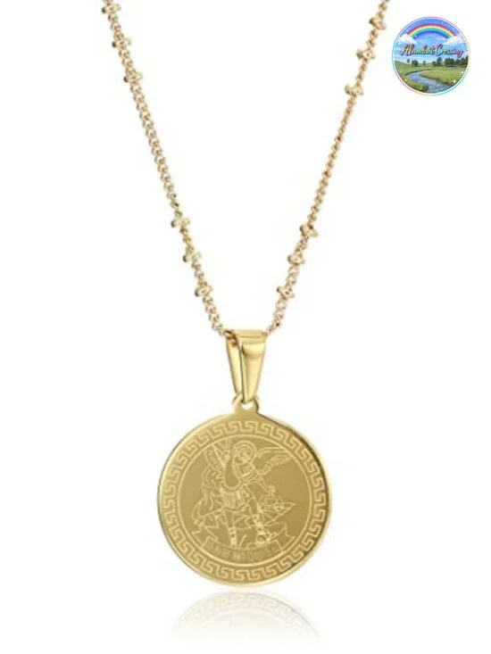 Saint Michael Archangel Pendant Necklace 18K Gold Plated Stainless Steel 18 Inch