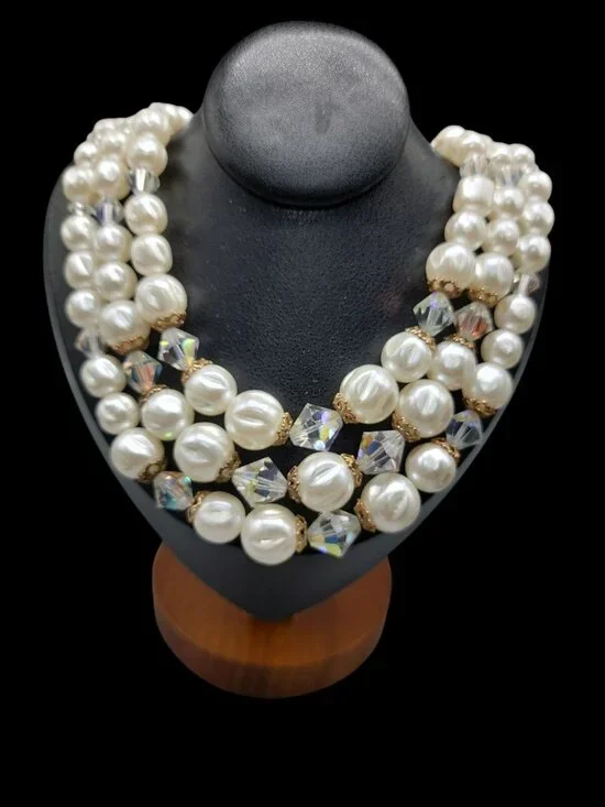 Faux Pearl Choker Multistrand Necklace Aurora Borealis Prism Spacers 16