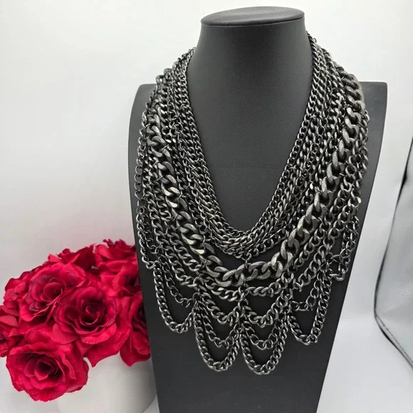 BaubleBar Gunmetal Multi Strand Layered Chain Bib Statement Necklace Edgy Grey