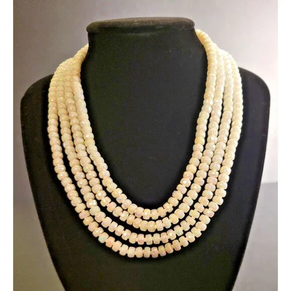 Vintage 1950s 4 Strand Opalescent Glass Bead Necklace Wedding Glam Mid Century