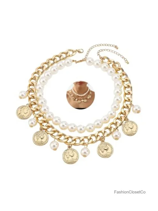 Chunky Gold Pearl Beaded Layered Necklace Set for Women Party Prom Jewelry