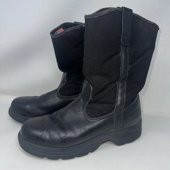 Thorogood USA Mens 9 Black Leather Canvas Pull On Safety Toe Work Boots Roper