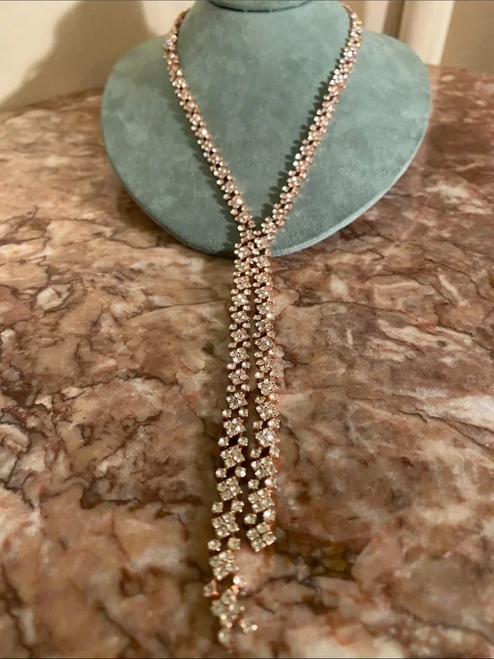 Express Rose Gold Tone Crystal Lariat Y Drop Necklace -