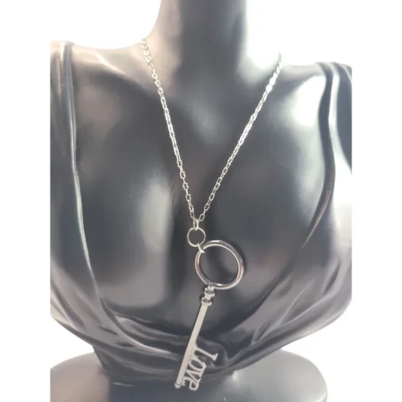 Silver Tone LOVE Skeleton Key Pendant Necklace Romantic Vintage Style Jewelry