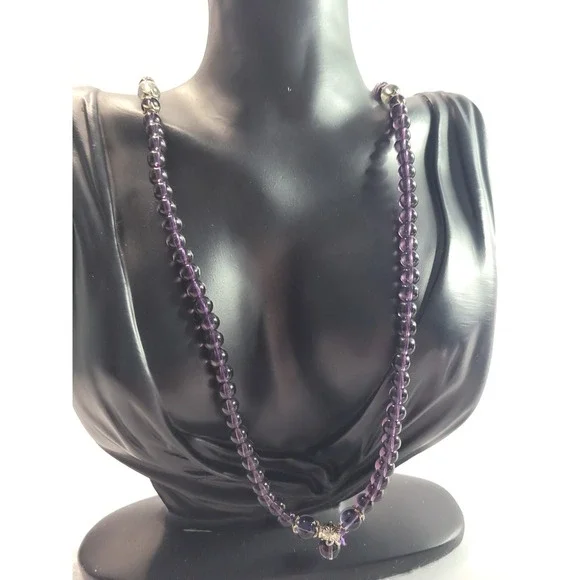 Purple Beaded Long Necklace Silver Tone Accent Drop Boho Layering Statement