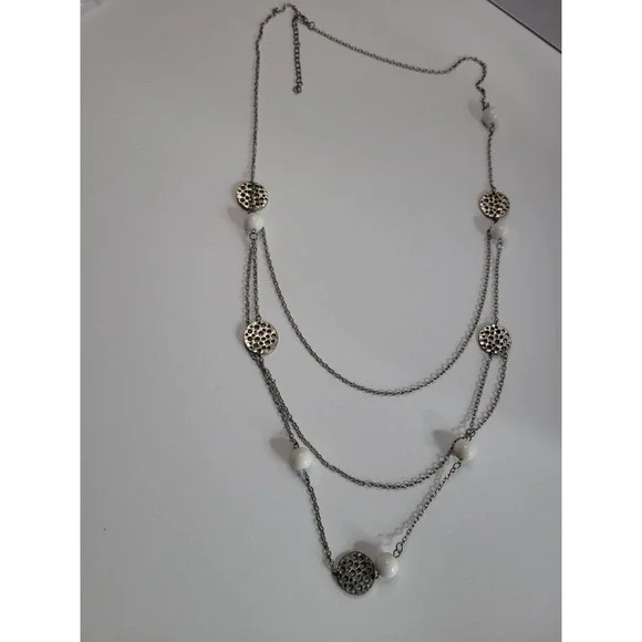 Silver Tone White Bead Long Station Necklace Openwork Disc Layered Boho Jewelry