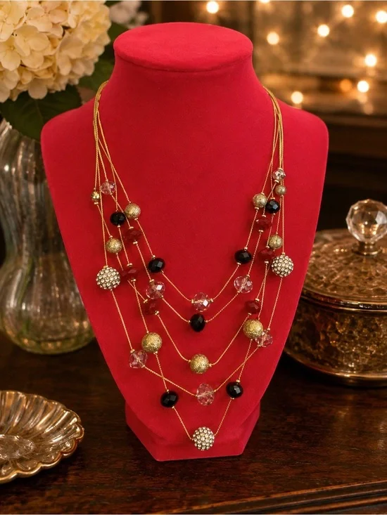 INC Gold Multi Strand Bauble Statement Necklace Red Black Crystal