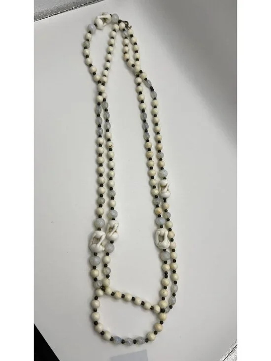 Vintage Multi-Strand White & Opalescent Beaded Necklace With Metal Clasp