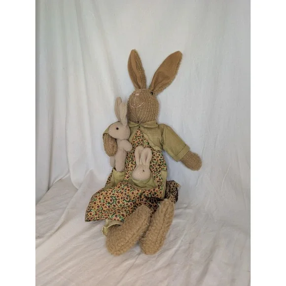 Vintage Long Eared‎ Bunny In Sunflower Dress With Two Bunnies Easter Home Decor