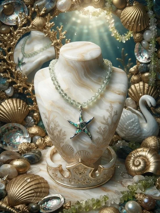 One of a kind starfish Green Beaded Necklace with Abalone Star Pendant -Jewelry