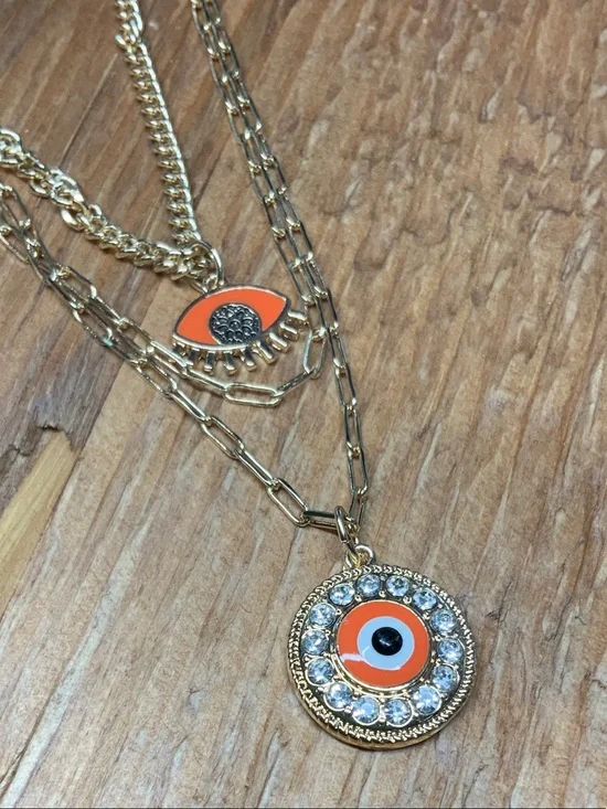 Jennifer & Company Gold-Tone Layered Evil Eye with Orange Accents Necklace Set