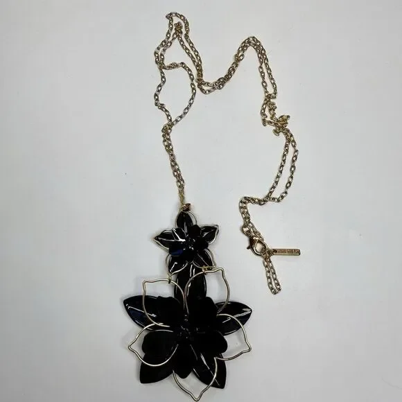 Nine West Black Double Drop Flower Pendant Gold Tone Long Statement Necklace