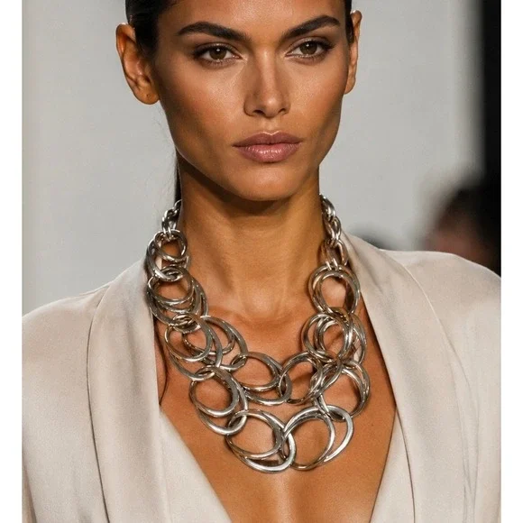 Heavy Chunky Silver Tone Statement Necklace Signed N Oversized Links 222g