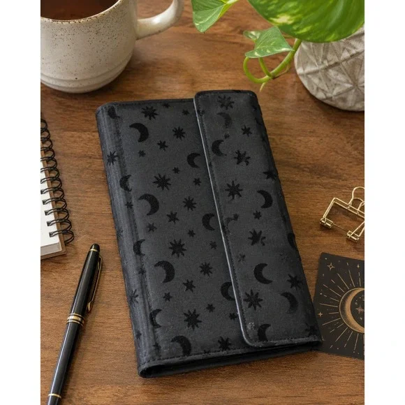Vtg Black Celestial Moon Stars Planner Cover Organizer Agenda Binder Folio Case