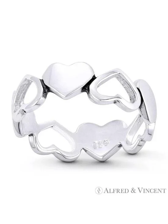 Multi-Heart Love Charm Stackable 6mm Eternity Band in .925 Sterling Silver Sz.8
