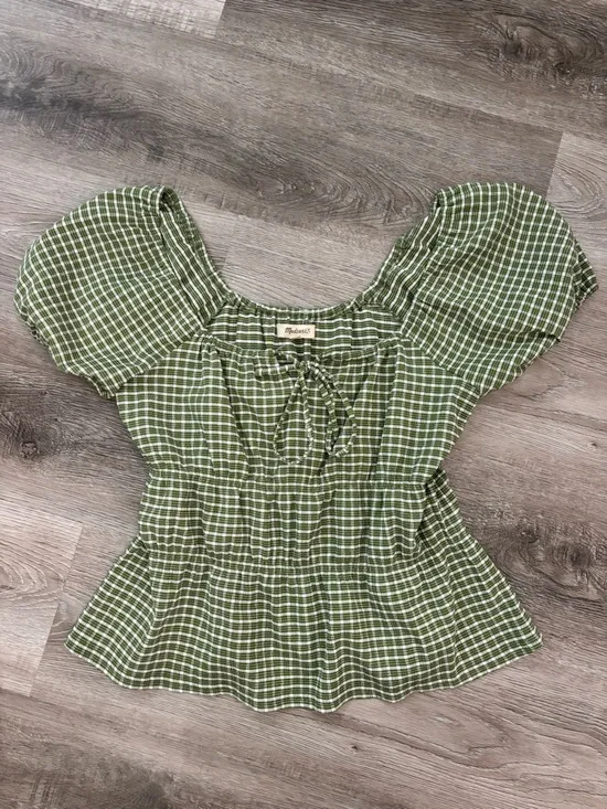 Madewell Green  Gingham Plaid Puff Sleeve Peplum Blouse size medium
