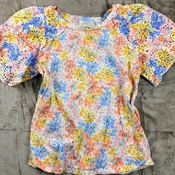Loft Petites Floral Puff Sleeve‎ Eyelet Lace Top Multi Color XSP Cottagecore