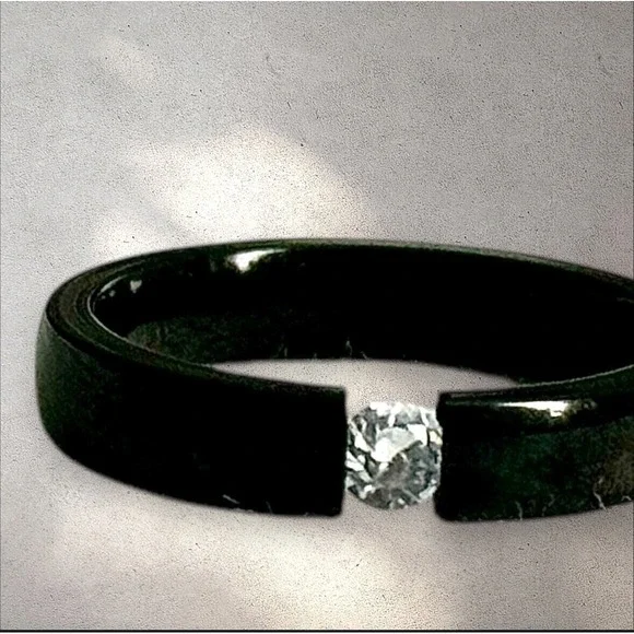 Minimalist Black Stainless Steel Ring with Center Simulated‎ Diamond